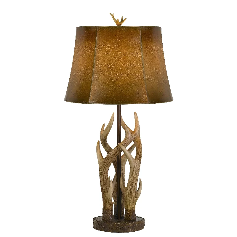 150 Watt Leatherette Shade Table Lamp With Antler Polyresin Base, Brown By Benzara