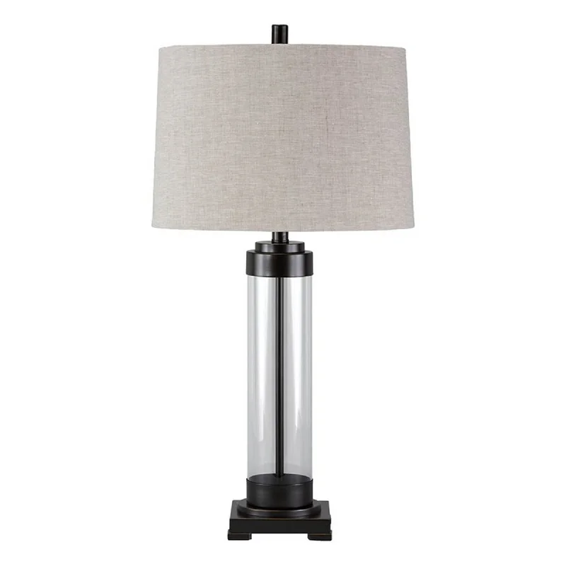 Glass And Metal Frame Table Lamp With Fabric Shade Gray And Black By Benzara