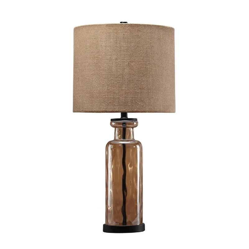 Glass Table Lamp With Fabric Drum Shade Gold And Beige By Benzara