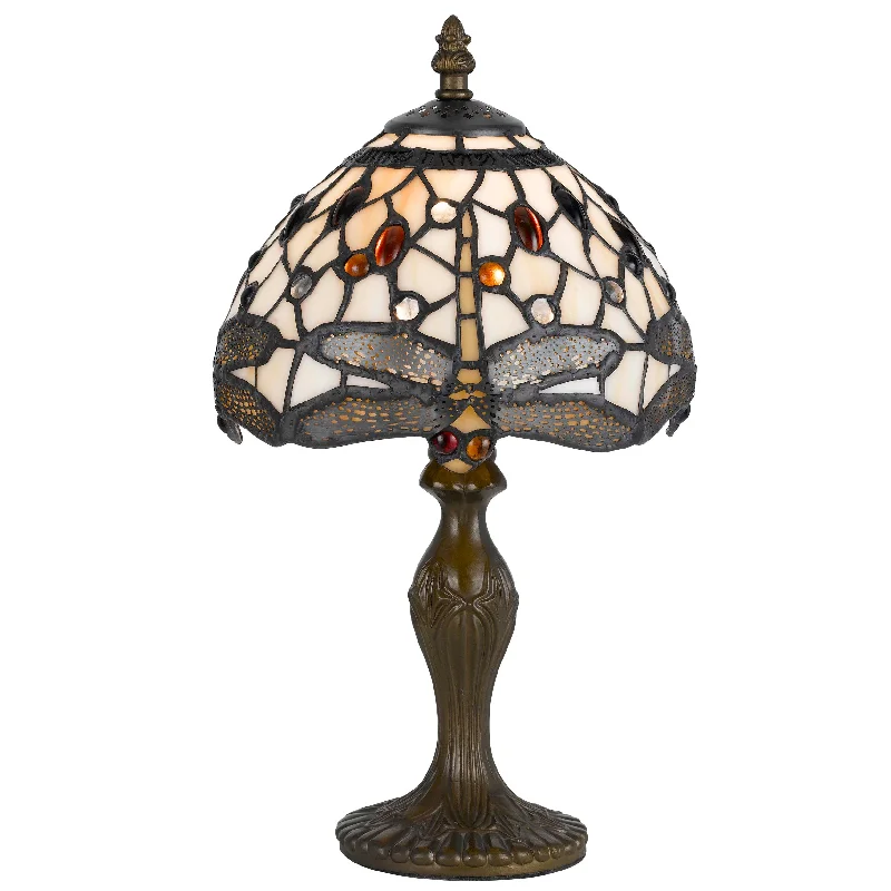 Metal Body Tiffany Table Lamp With Dragonfly Design Shade, Multicolor By Benzara