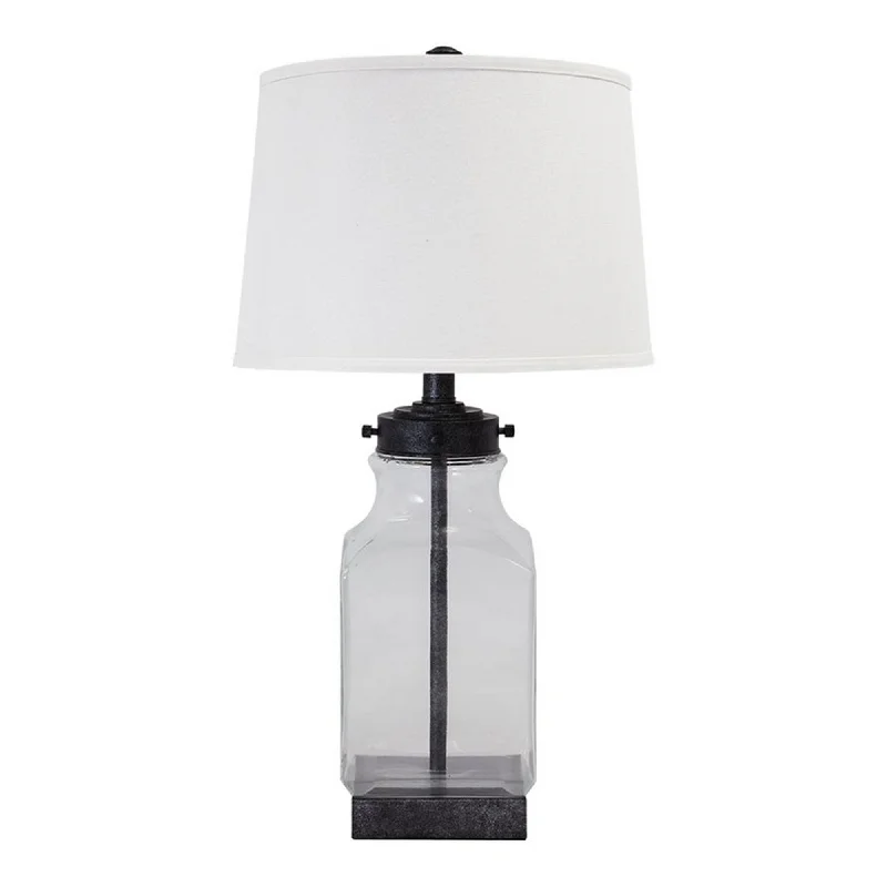 Smoky Glass Frame Table Lamp With Fabric Shade Light Gray And Clear By Benzara