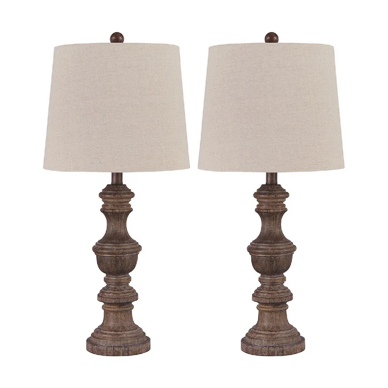 Tapered Fabric Shade Table Lamp With Turned Base Set Of 2 Gray And Brown By Benzara