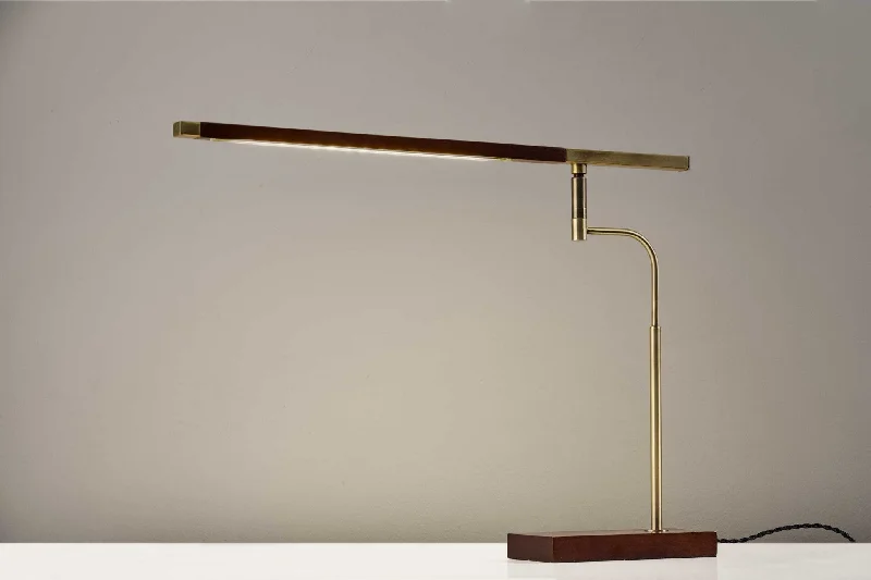 Walnut Wood Finish and Antique Brass Metal Adjustable LED Desk Lamp with USB Port By Homeroots