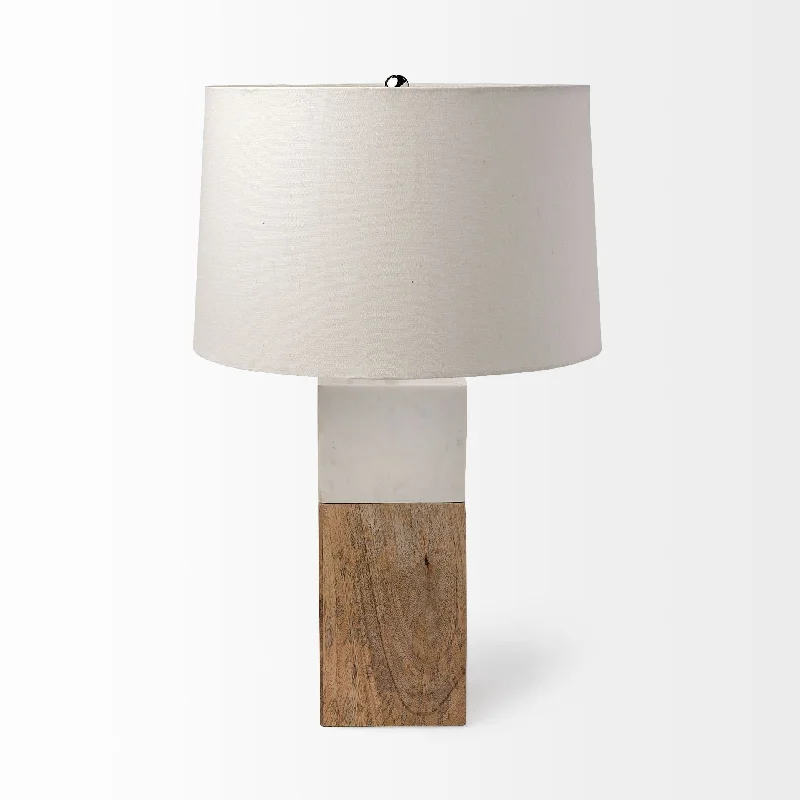 White Marble and Natural Wood Block Table or Desk Lamp By Homeroots