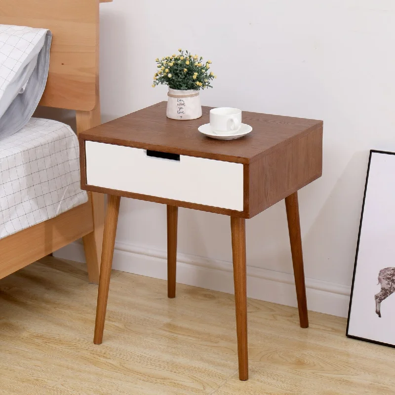 16" Solid Wood Night Stand with 1 White Drawers and 4 Fraxinus Mandshurica Wood Legs for Bedroom