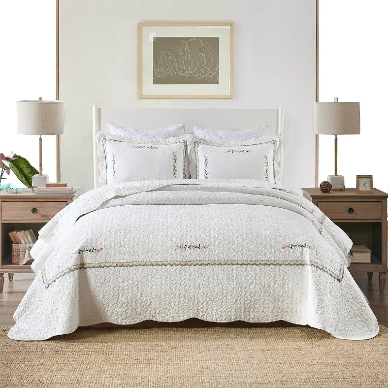 3 Pcs White Cotton Oversized Quilt Bedspread Set Sakura