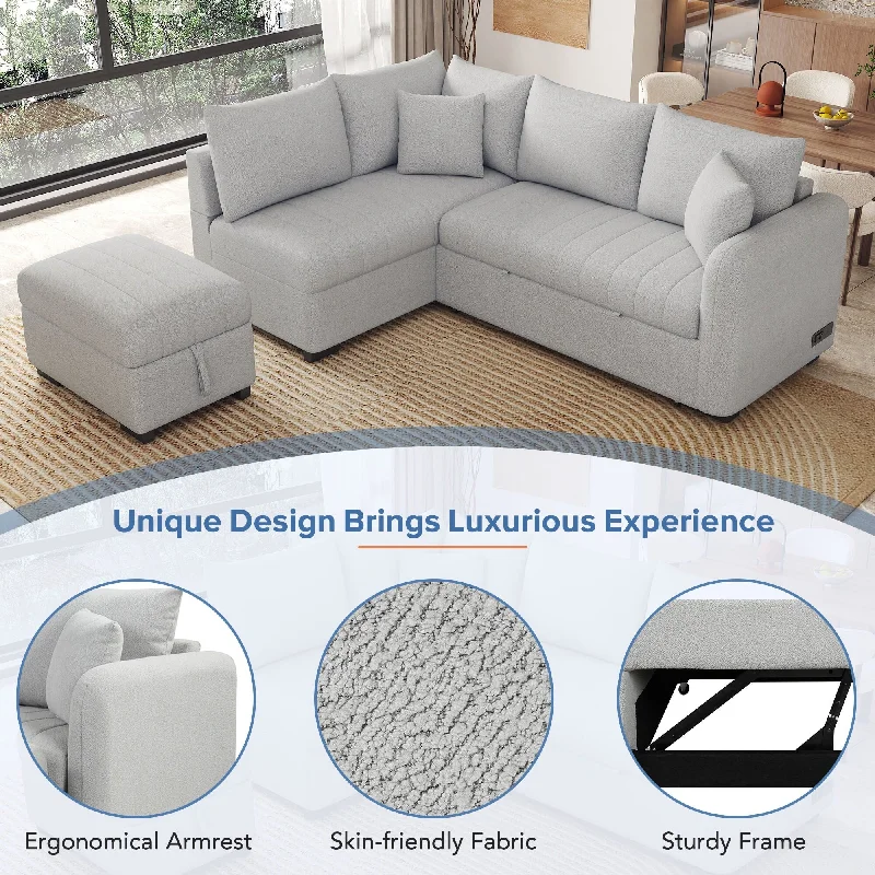 82.6" Pull-Out Sofa Bed Sectional with Movable Storage Ottoman, USB Ports, and Power Sockets