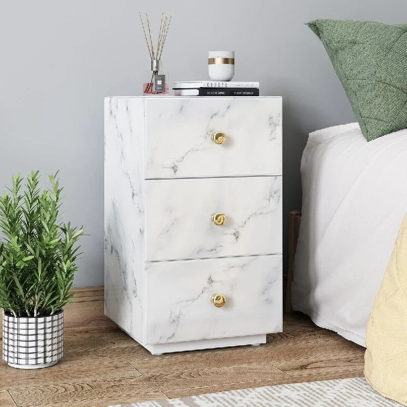 Bedroom Furniture Marble Texture 3-drawer Nightstand, Sturdy Build, Spacious Storage Space, Tempered Glass & MDF