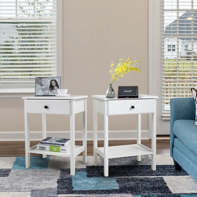 Bedside Table with One Drawer and Shelf Set of 2, white