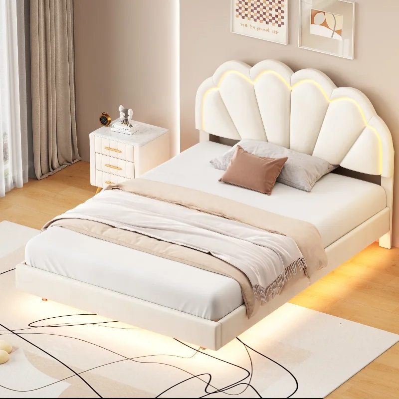 Beige Full Size Upholstered Platform Bed, with Smart LED and Elegant Flowers Headboard