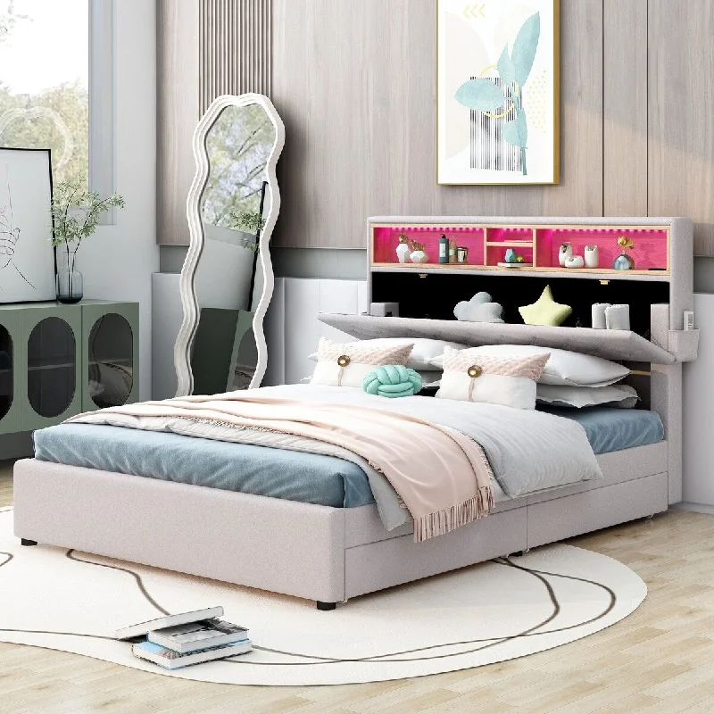 Beige Full Size Upholstered Platform Bed with Storage Headboard, LED, USB Charging and 2 Drawers