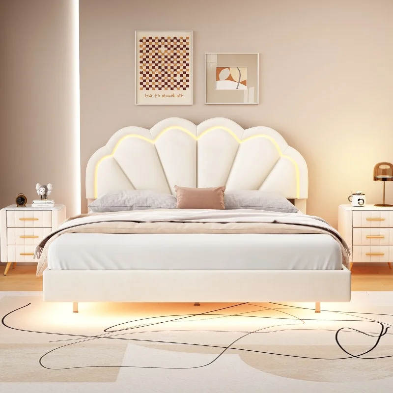 Beige Queen Size Platform Bed with Smart LED and Elegant Flowers Headboard