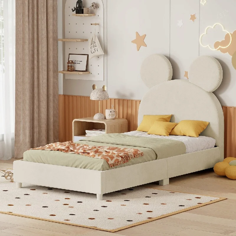 Beige Twin SizeBear Ear Platform Bed