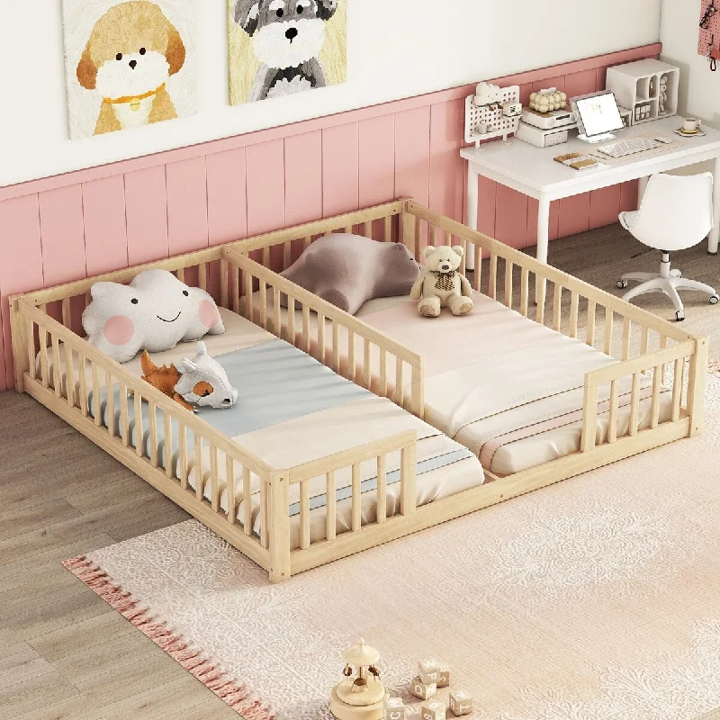 Beige Twin SizeDouble Wood Floor Bed with Fence and Guardrails