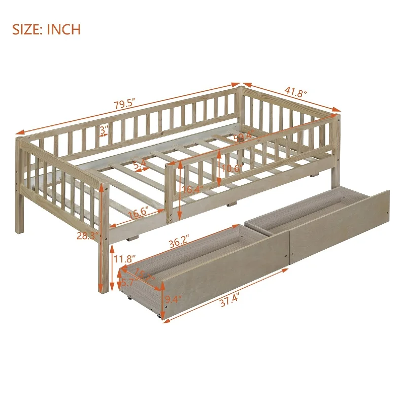 Beige Twin SizeNatural Pine Daybed with Dual Drawers