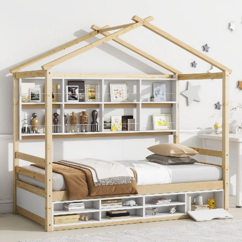 Beige Twin SizeWooden House Bed with Roof Frame, Shelves, and Under-Bed Storage