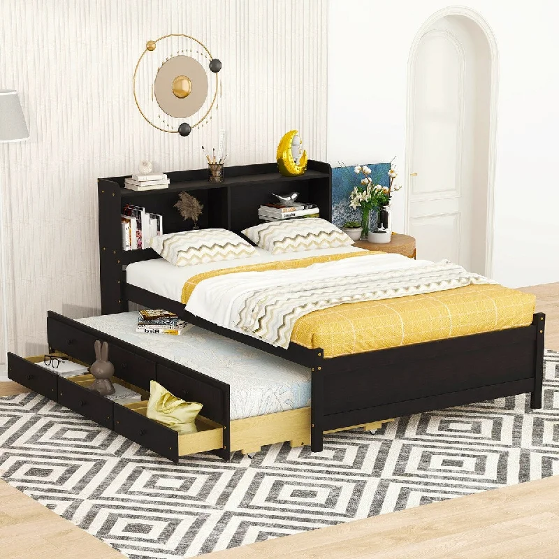 Black Full Size Bed with USB Ports, LED Light, Bookcase, Trundle, and Drawers