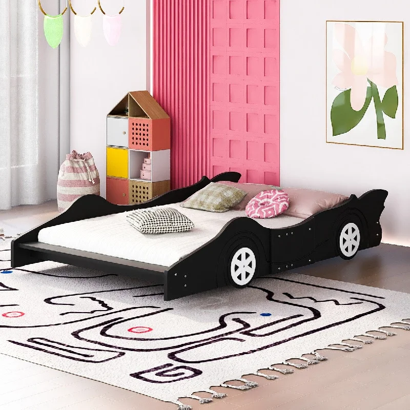 Black Full Size Plywood Race Car-Shaped Platform Bed with Wheels