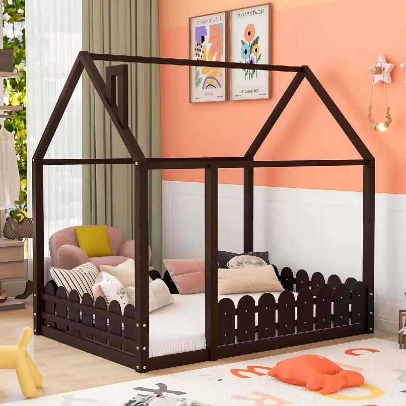 Black Full Size Wood House Bed Frame with Fence