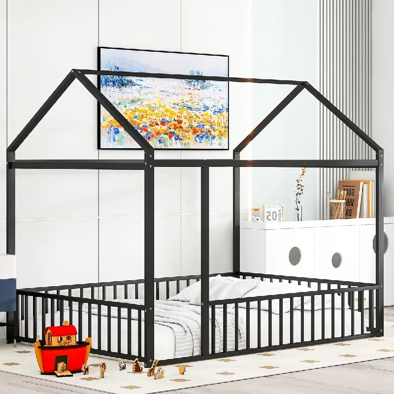 Black Full SizeSturdy Metal House Bed Frame for Lasting Support