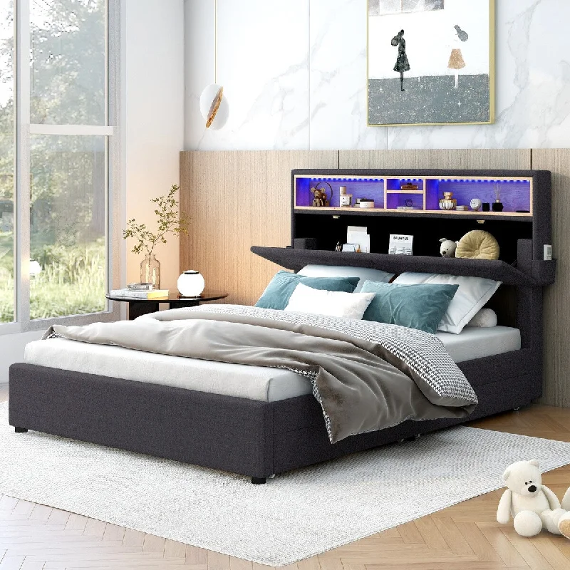 Black Full SizeUpholstered Platform Bed with Storage Headboard, LED Lights, USB Charging, and Drawers