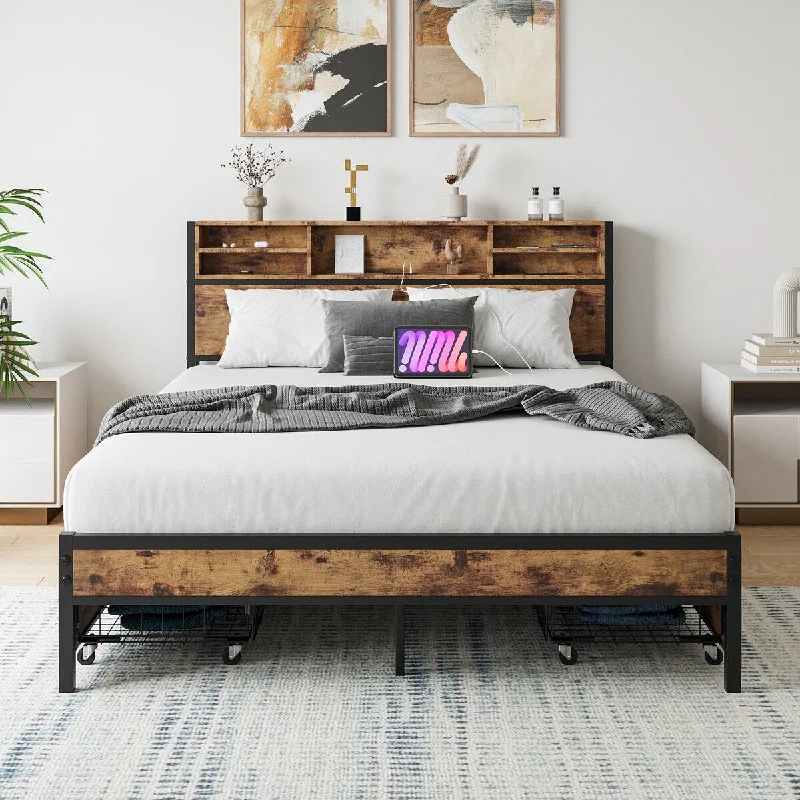 Black Queen Size Bed Frame with Charging Station, Storage Headboard, and Drawers