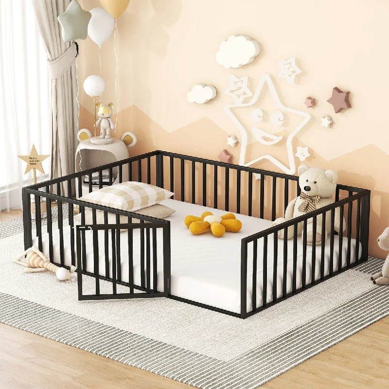 Black Queen Size Metal Floor Bed Frame with Fence and Door Perfect for Toddler