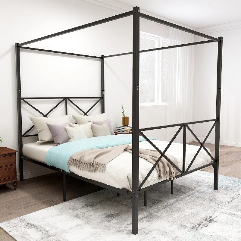 Black Queen SizeDeluxe Metal Canopy Bed Frame - , Elegant