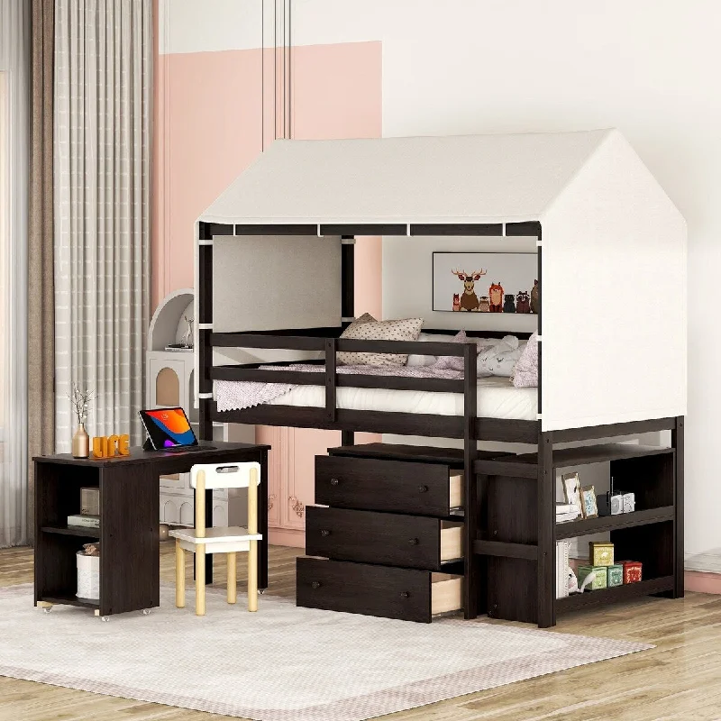 Black Twin Size Loft Bed with Mobile Cabinet, Shelf, and Playful Tent