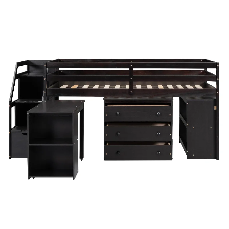 Black Twin Size Loft Bed with Retractable Writing Desk and 3 Drawers - Three Color Options