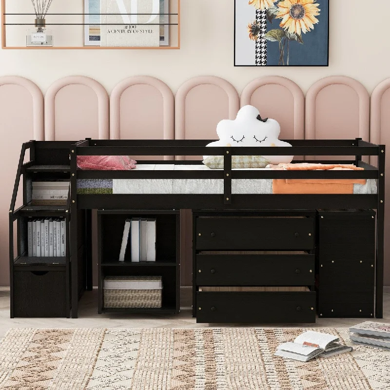 Black Twin Size Loft Bed with Retractable Writing Desk and Three Spacious Drawers - Available in Three Vibrant Colors