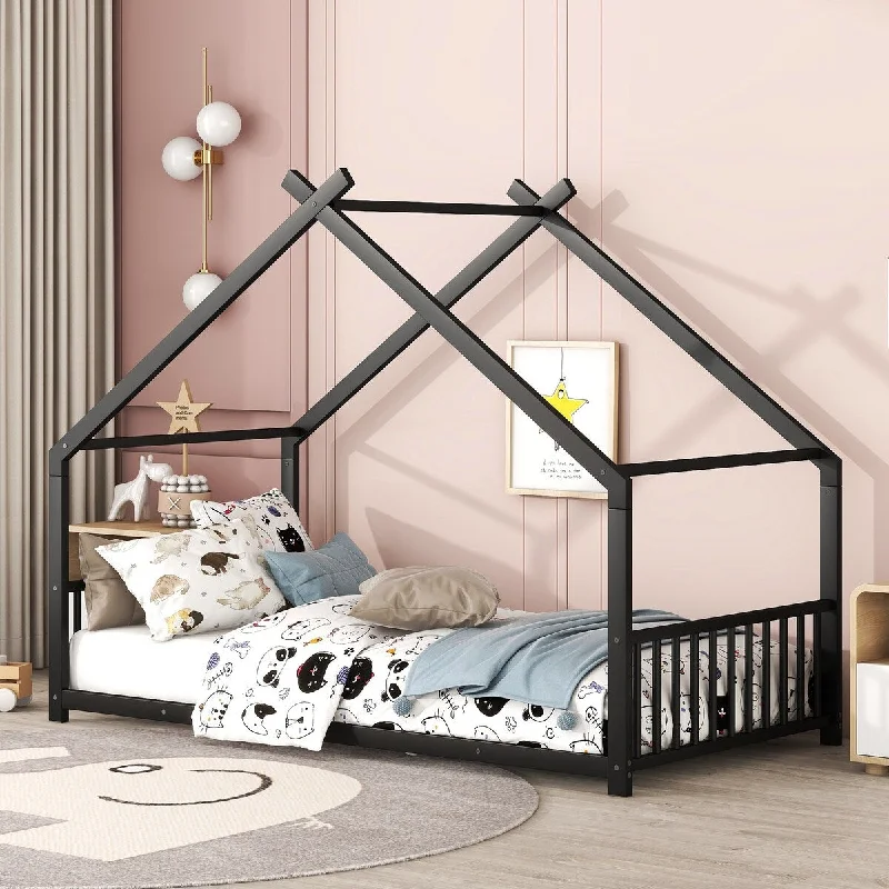 Black Twin Size Metal House Bed for Kids with Roof and Safety Fence, Available in Three Colors