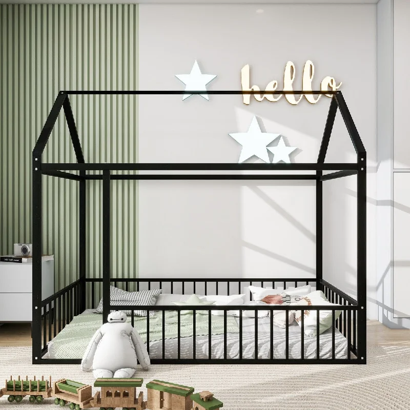 Black Twin Size Metal House Bed Frame with Fence for Kids, Teens - Safe and Playful Sleeping Space, Sturdy Construction