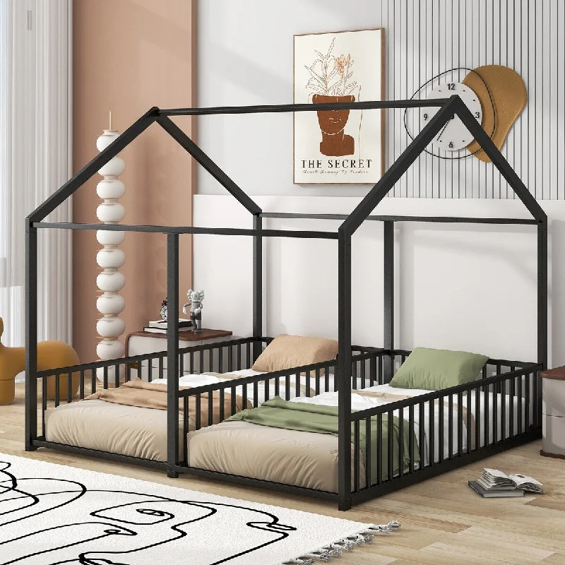 Black Twin Size Metal House Bed with Shared Sleeping Space for Siblings or Friends