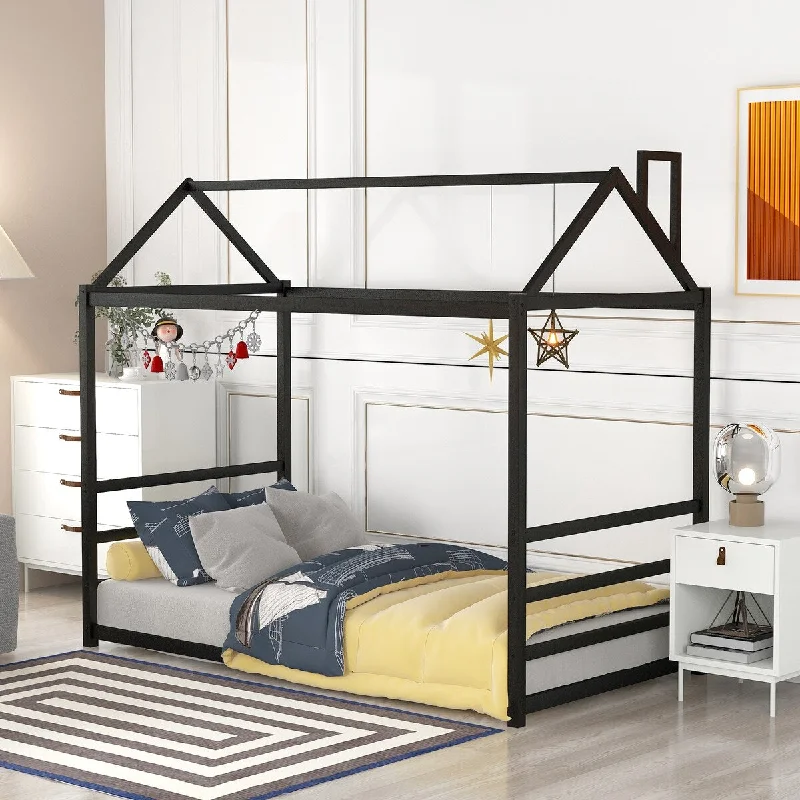 Black Twin Size Metal House Platform Bed with Enhanced Safety Features