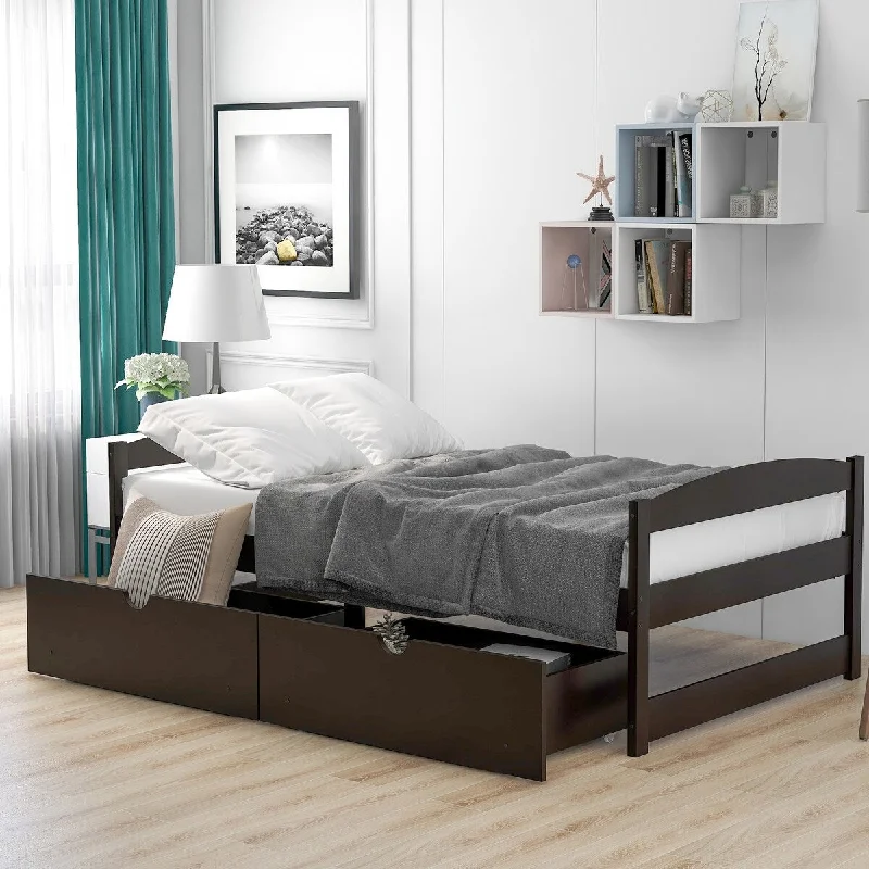 Black Twin Size Platform Bed with Drawers - High-Quality Pine Wood