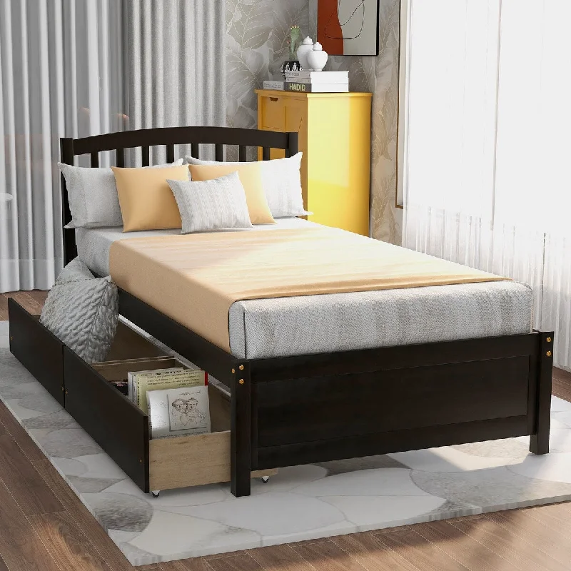 Black Twin Size Platform Storage Bed Frame with Headboard, Two Drawers