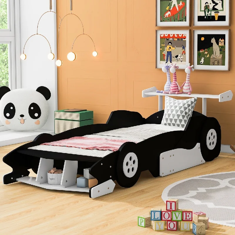 Black Twin Size Solid Wood Car Platform Bed, Perfect for Little Car Enthusiasts