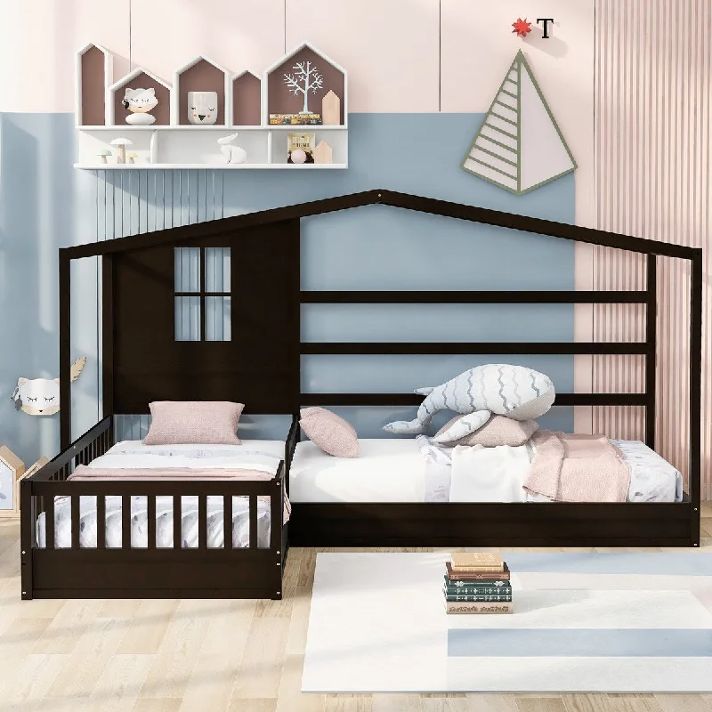 Black Twin Size Wood House Bed with Fence and Slatted Frame Design