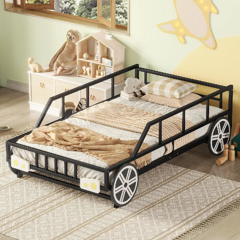 Black Twin SizeMetal Car Bed with Wheels and Decorative Headlights for Fun Bedroom Decor