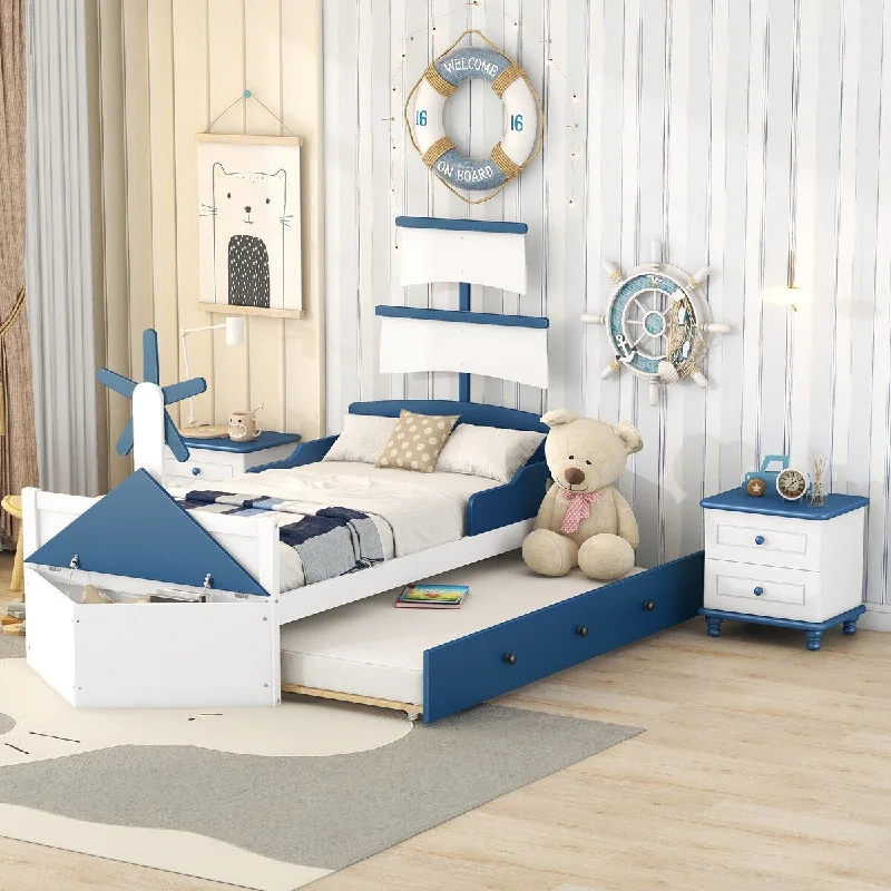 Blue 3-Pieces Bedroom Sets, Twin Size Boat-Shaped Platform Bed with Trundle and Two Nightstands