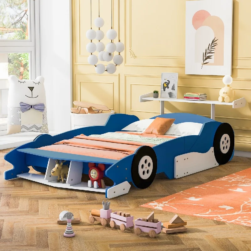 Blue Full Size Race Car Platform Bed with Underbed Storage