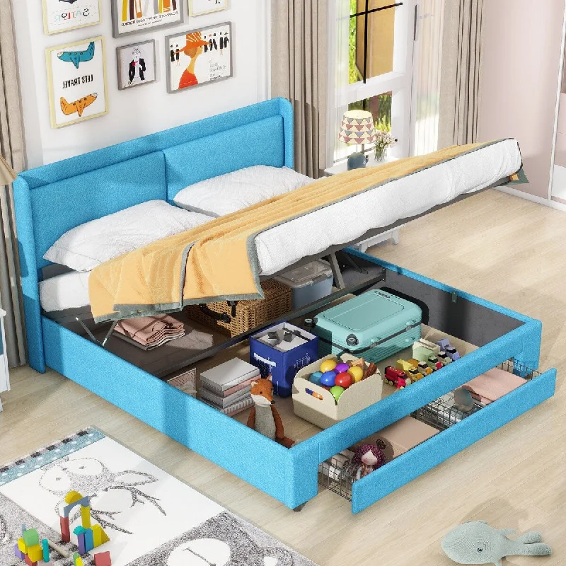 Blue Queen SizeModern Upholstered Hydraulic Platform Bed with Drawers