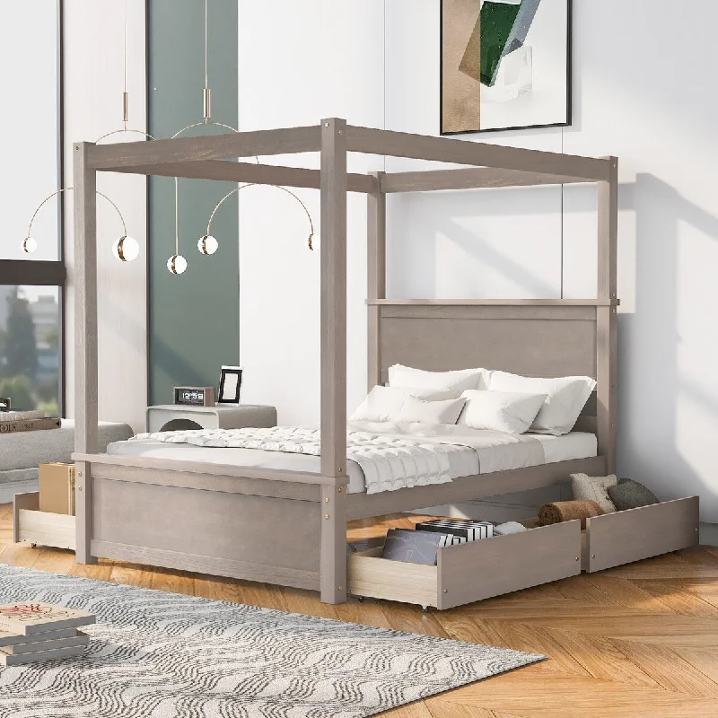 Brown Full Size Canopy Platform Bed with Drawers