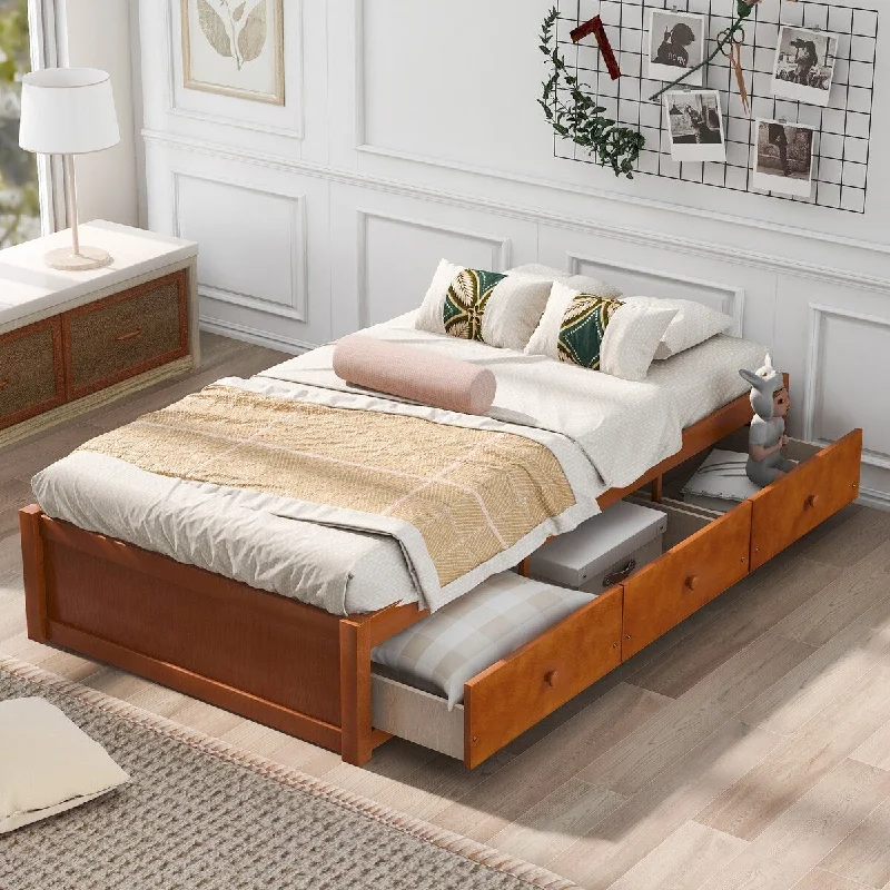 Brown Twin Size Platform Storage Bed with 3 Drawers - Pine Wood Frame, Space-Saving Design （3 Colors）