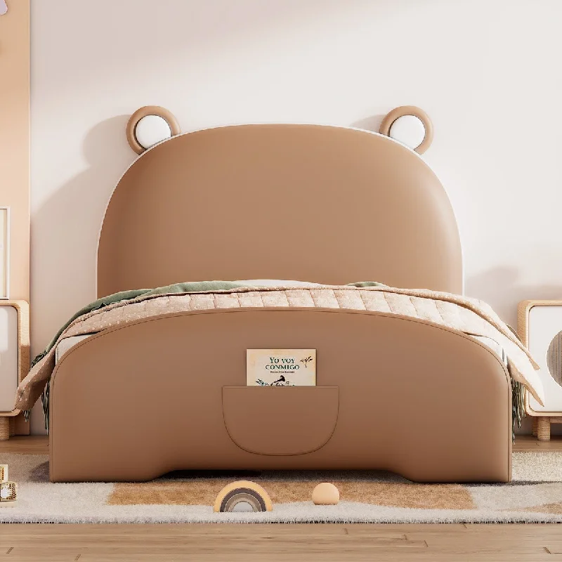 Brown Twin Size Upholstered Platform Bed with Adorable Bear-Shaped Headboard