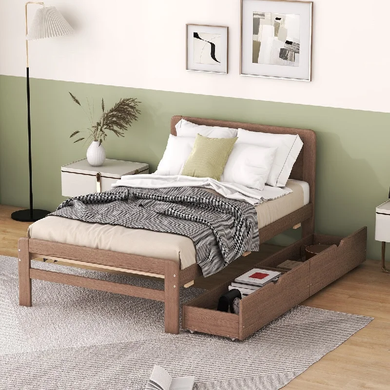 Brown Twin SizeModern Platform Bed Frame with 2 Drawers - Sturdy Construction, Extra Storage Space