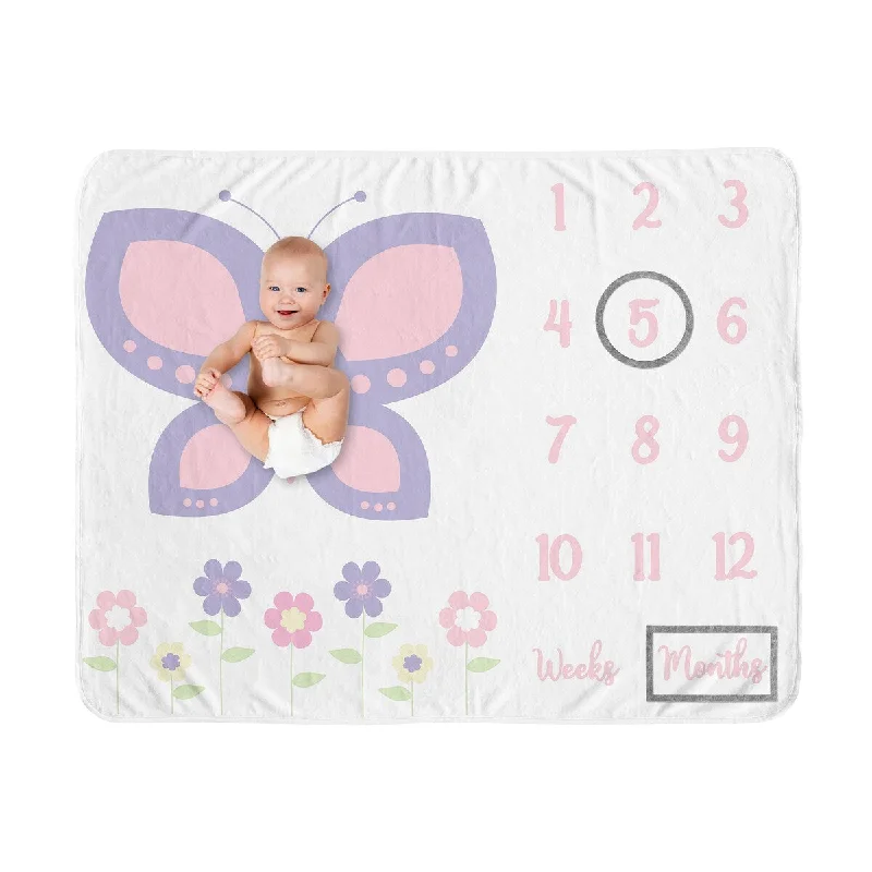 Butterfly Collection Girl Baby Monthly Milestone Blanket - Pink and Purple Floral Flower Garden