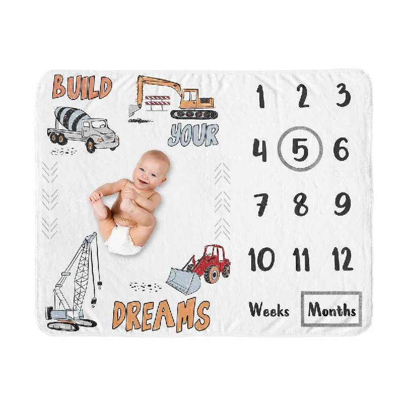 Construction Truck Collection Boy Baby Monthly Milestone Blanket - Grey Yellow Orange Red and Blue Transportation Chevron Arrow