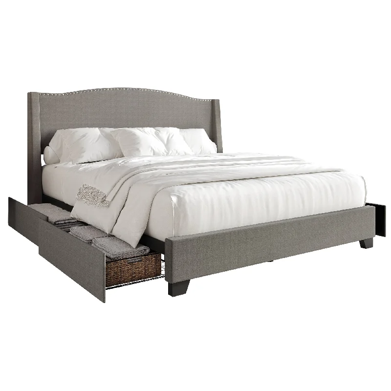 CraftPorch Elegant Chrome Nailhead Wingback Upholstered Bed with Drawers